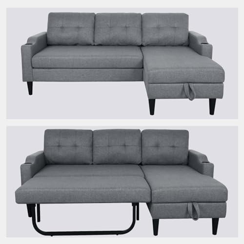 Modern Upholstered Pull Out Sleeper Sofa with Cup Holders, Brown W74223