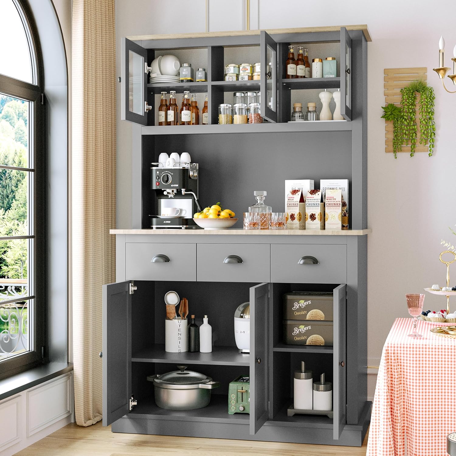 MU 71" Kitchen Hutch Storage Cabinet with Countertop, Grey U89791