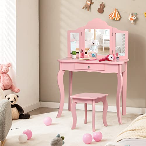 HONEY JOY Kids Vanity Set with Mirror and Stool, White L306