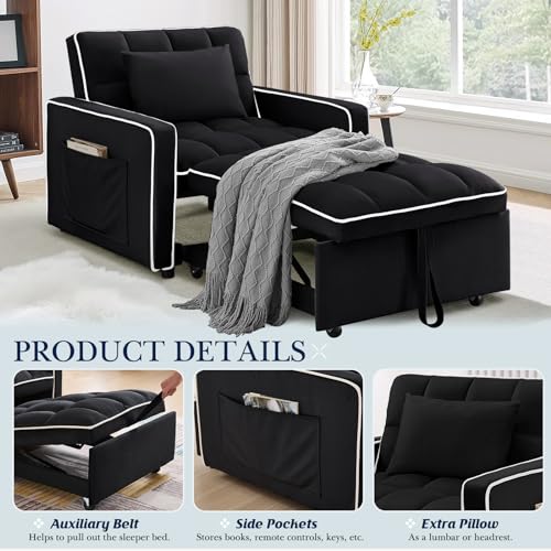 Velvet Tufted 3-in-1 Convertible Sleeper Chair Bed with Adjustable Backrest, Beige L3033