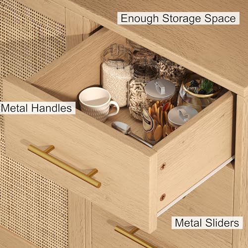 70.9" Kitchen Pantry Cabinet with Microwave Shelf, Rattan Hutch with Charging Station, Tall Floor Cupboard with Drawers and Doors, Black and Natural U6564