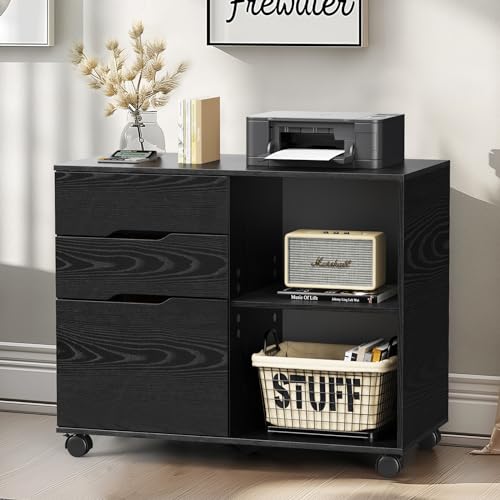 DUMOS Lateral File Cabinet with 3 Drawers Rolling Wooden Printer Stand Under Desk Storage Organizer with 4 Wheels Adjustable Shelf for Office Home, Rustic Brown
