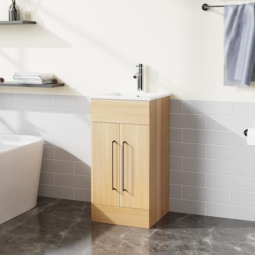 16" Bathroom Vanity Sink Combo with Storage Cabinet, White and Oak J86582