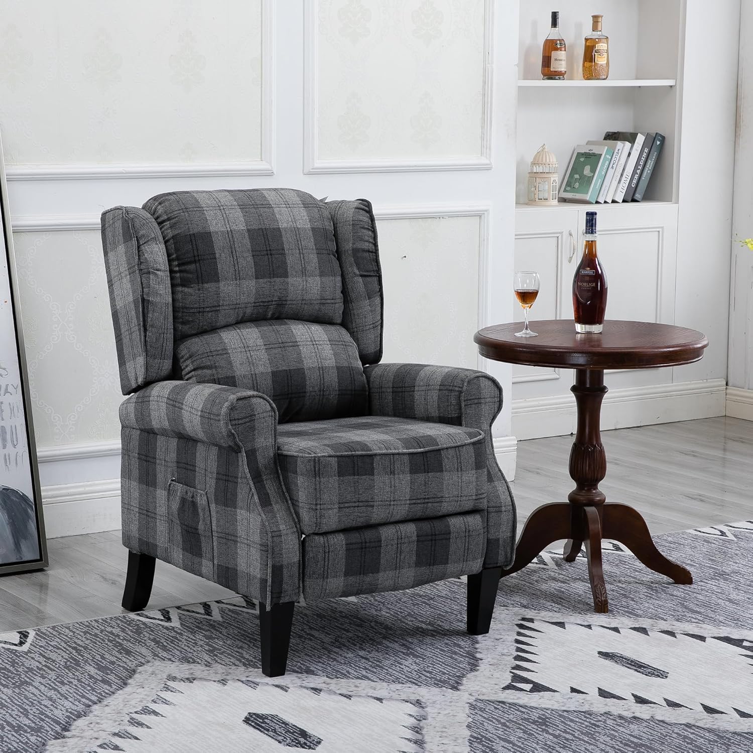 Modern Upholstered Recliner Chair with Footrest, Grey Check I198