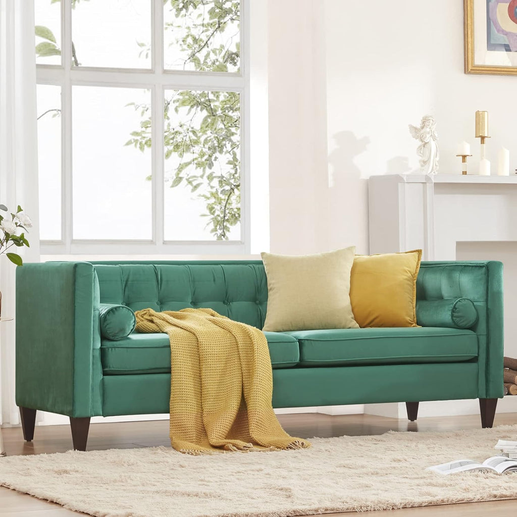 Mid-Century Velvet Sofa with Bolster Pillows, Green P274