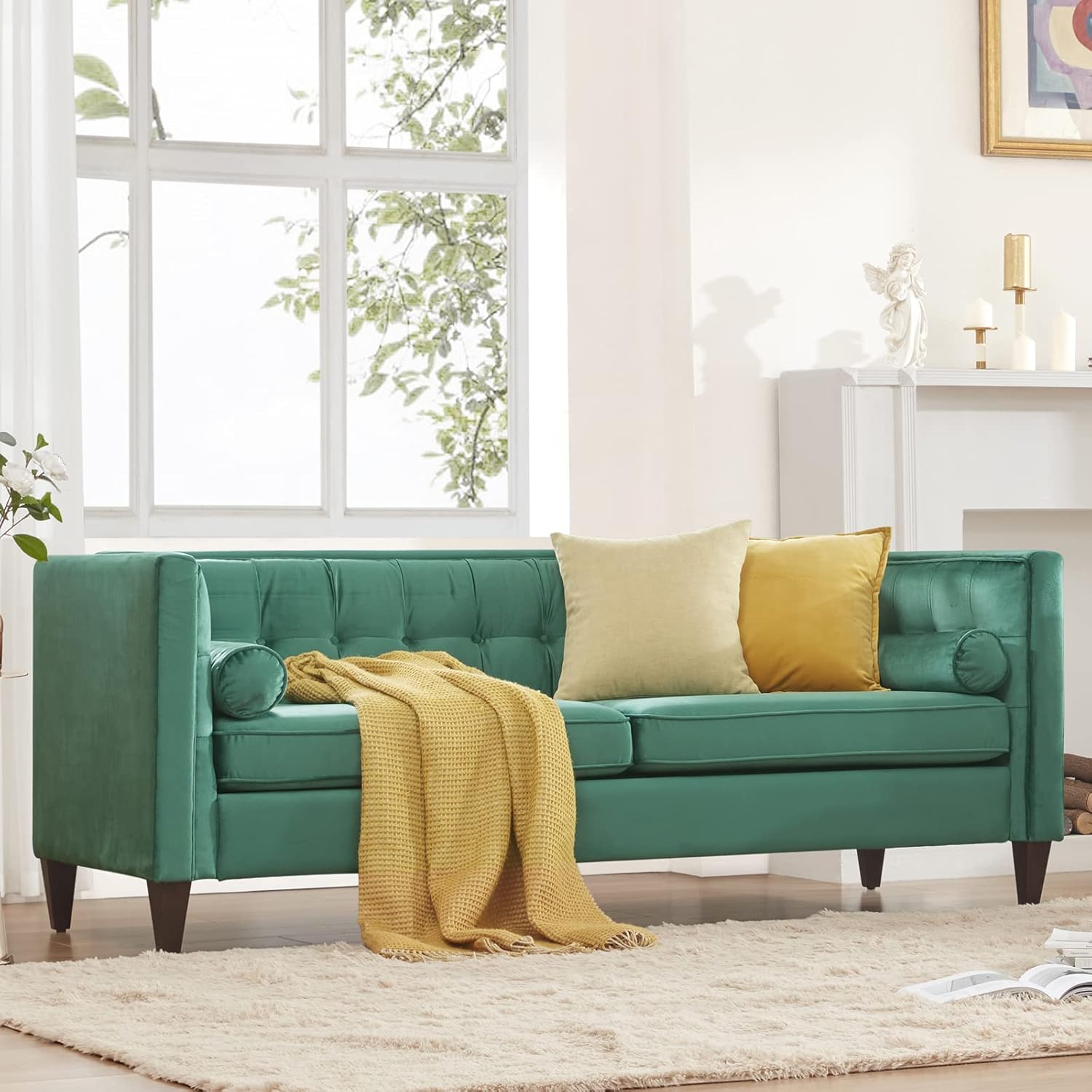 Mid-Century Velvet Sofa with Bolster Pillows, Green P274