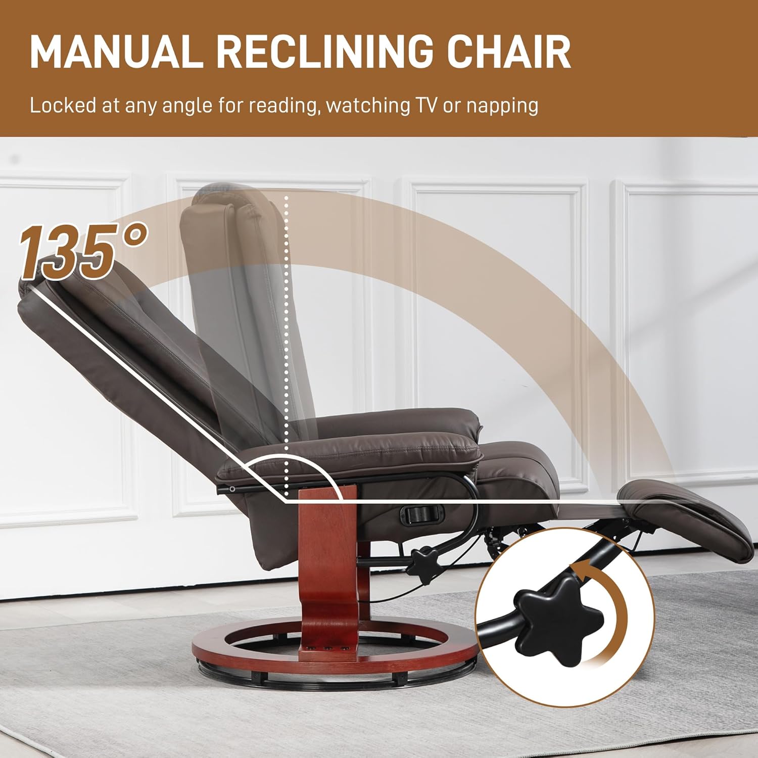 HOMCOM Manual Swivel Recliner Chair, PU Leather with Footrest, Brown X2880
