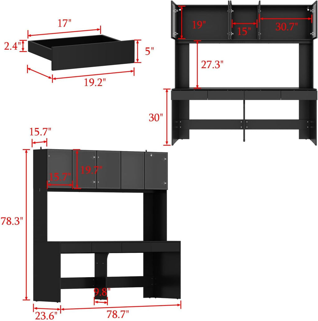 MOUMON Large Office Desk with Glass Doors & Lights, 4 Drawers, 78.3 inch X848