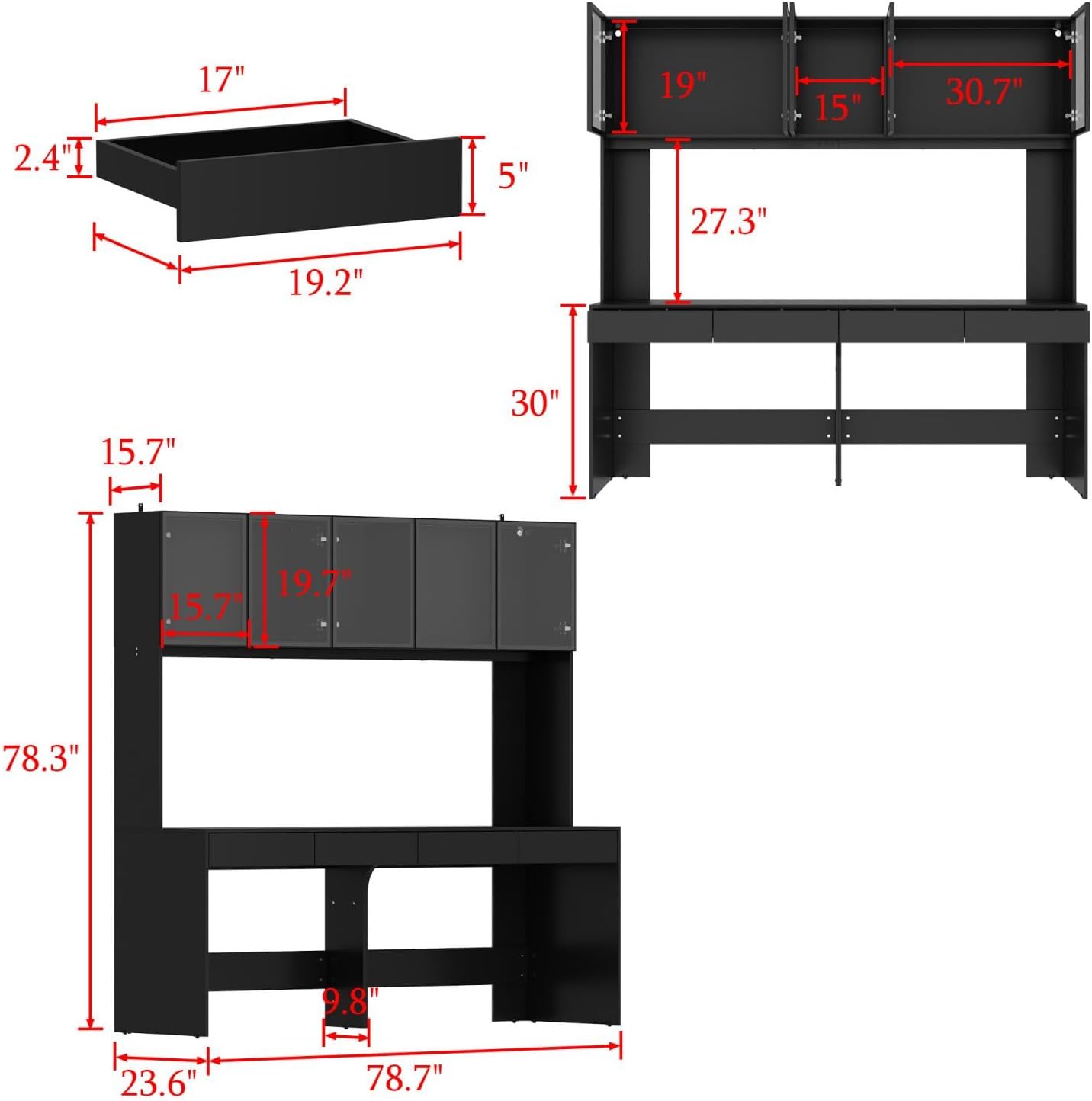 MOUMON Large Office Desk with Glass Doors & Lights, 4 Drawers, 78.3 inch X848