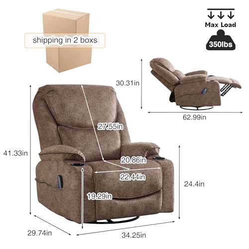 Swivel Rocker Recliner Chair, Power Reclining Leather, Cup Holders and USB Port, Dark Brown X35409