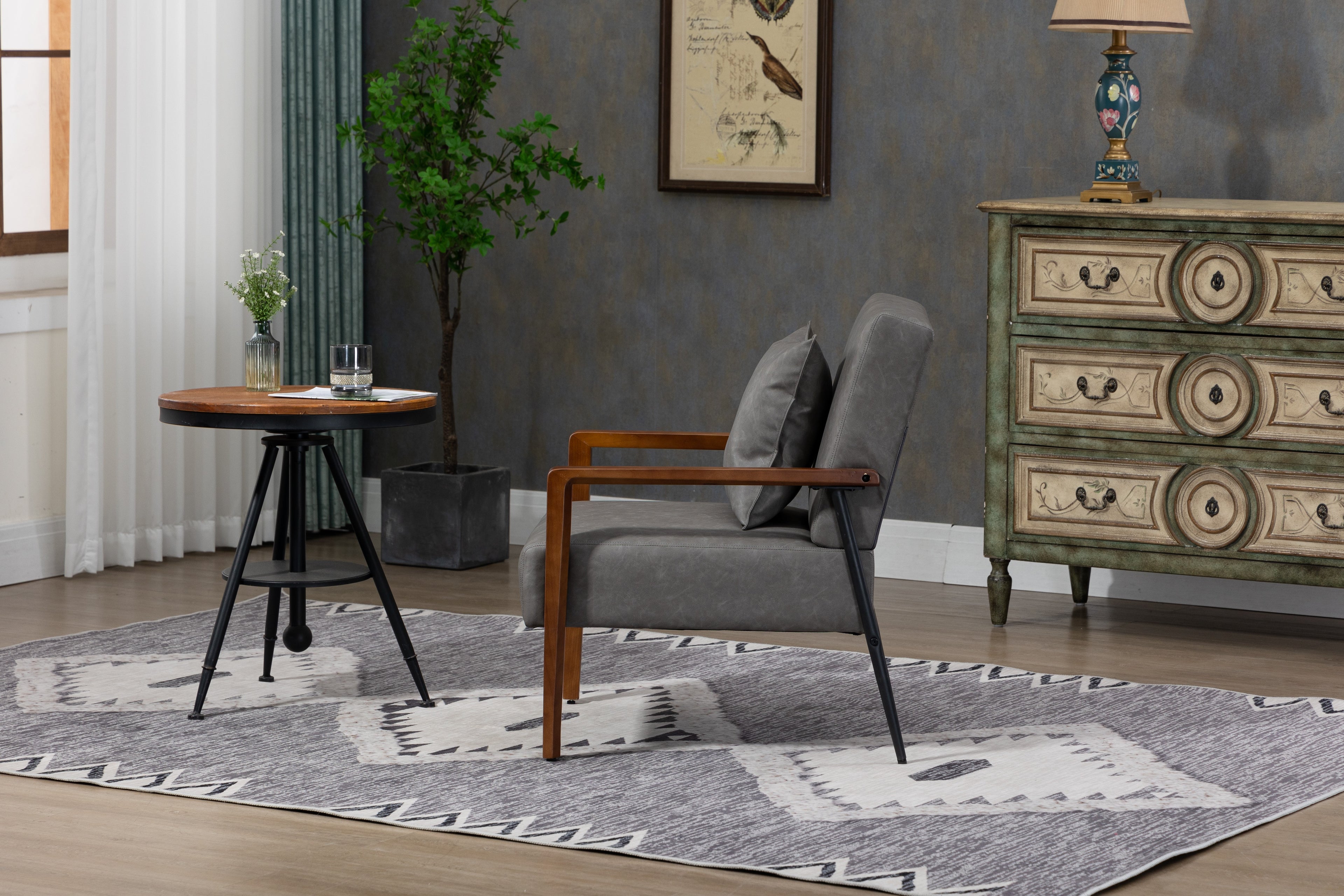 Mid-Century Modern Leather Armchair with Solid Wood Armrest S55508