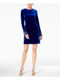 CALVIN KLEIN Womens Blue Stretch Embellished Zippered Long Sleeve Round Neck Short Party Sheath Dress 14