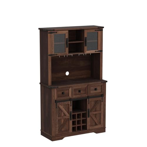OKD 72" Farmhouse Bar Cabinet with Sliding Barn Door, Rustic White W997