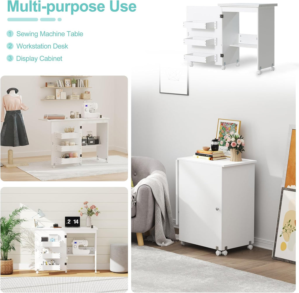 Folding Sewing Table with 3 Storage Shelves and Lockable Casters (White) C3044