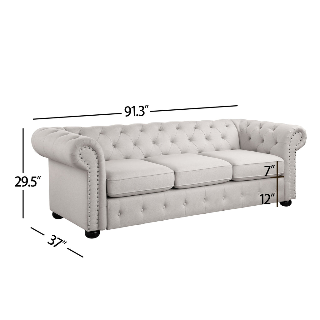 Corvus Aleksis Tufted Chesterfield 3-Seater Sofa with Rolled Arms, Light Grey J109