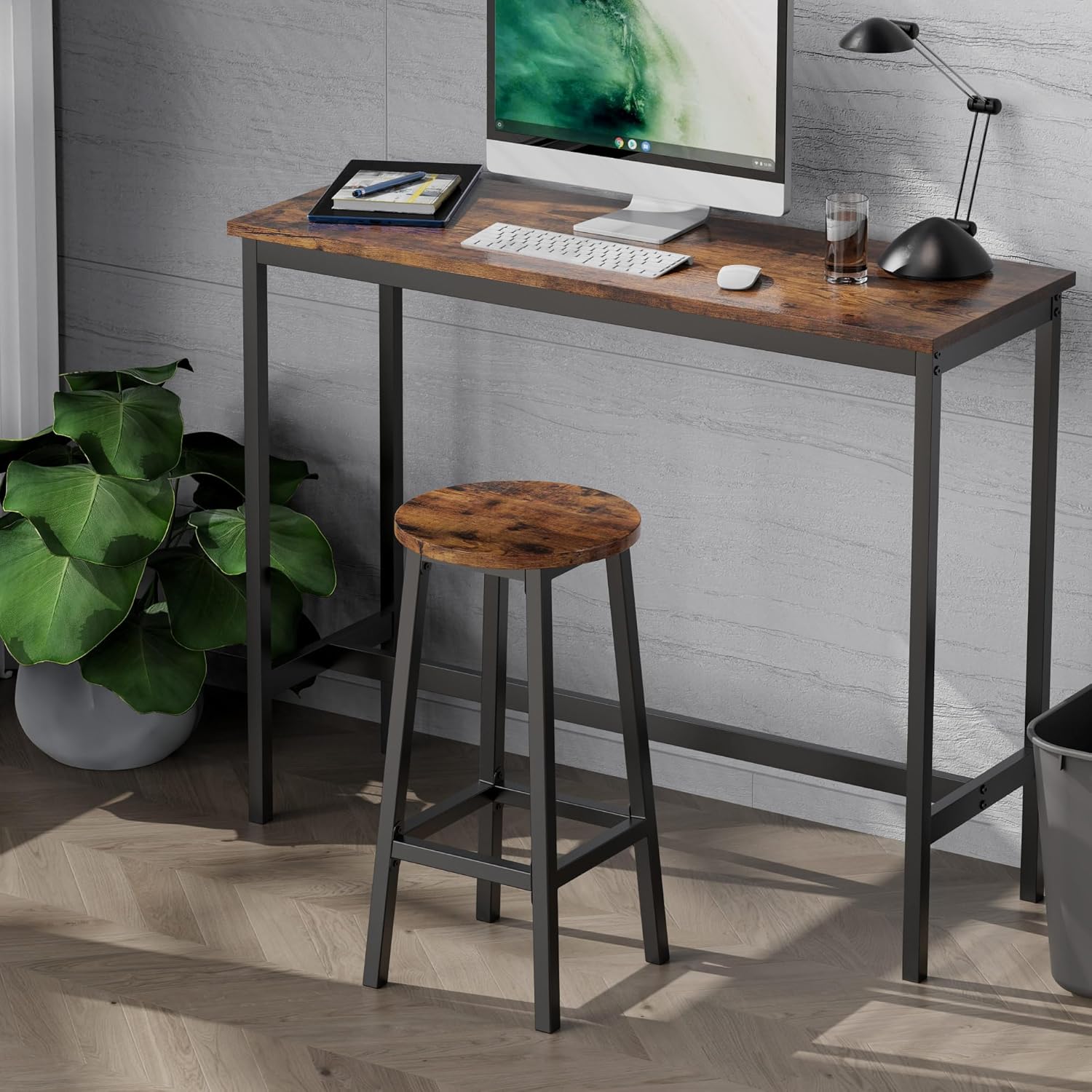 3-Tier Narrow Side Table with Magazine Holder, Set of 2 Bar Stools with Footrest W995575
