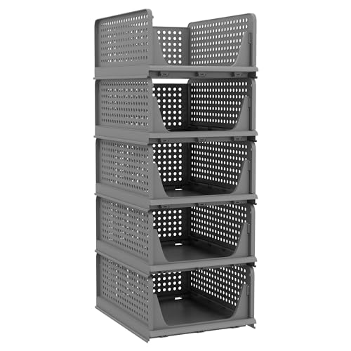 Pinkpum 5 Pack Folding Closet Organizers Storage Box, Stackable Plastic Drawer Basket for Clothing, Stackable Storage Bins Shelf Storage Container for Closet Wardrobe Bedroom Bathroom Office (Grey)