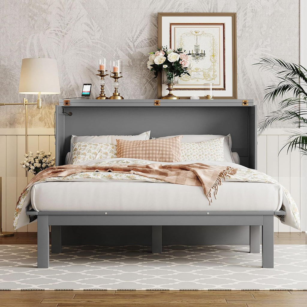 Murphy Bed Queen with Desk, Shelves and Charging Station, Grey Z595