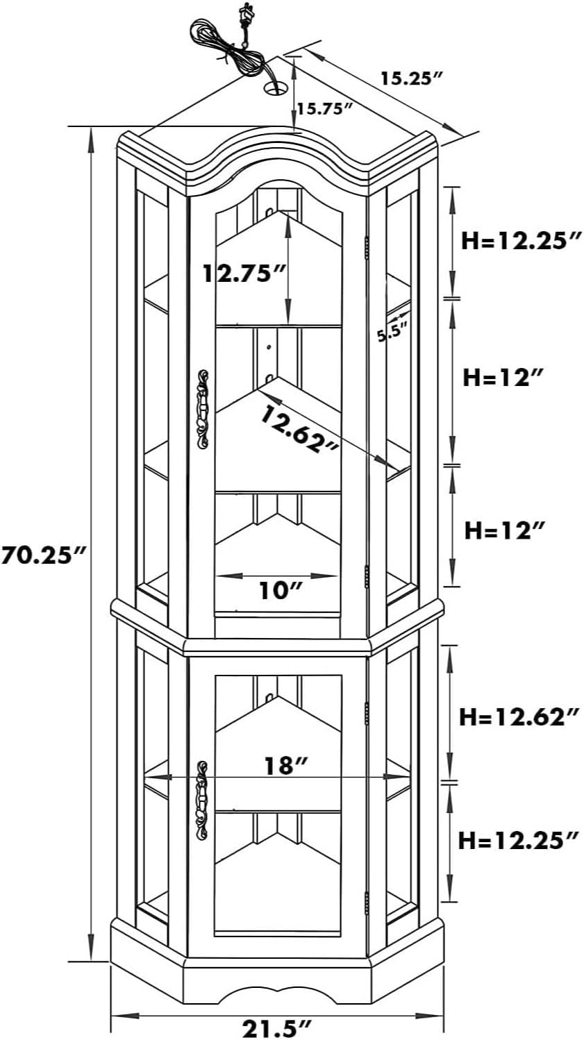 Walnut Corner Curio Cabinet with Glass Doors and Shelves, 70.25" Height V80144