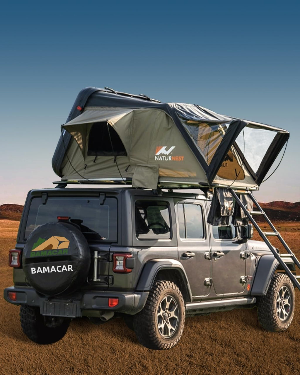 Naturnest Rooftop Tent Hard Shell with 2 Chair, BAMACAR Rooftop Tent for Jeep SUV Pickup Truck Van Overland Tent, Hardshell Rooftop Tent Nature Nest Roof Top Tent Car Camping Clamshell Roof Rack Tent