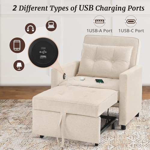 3 in 1 Convertible Sleeper Chair Bed with 2 Pillows for Adults Y723