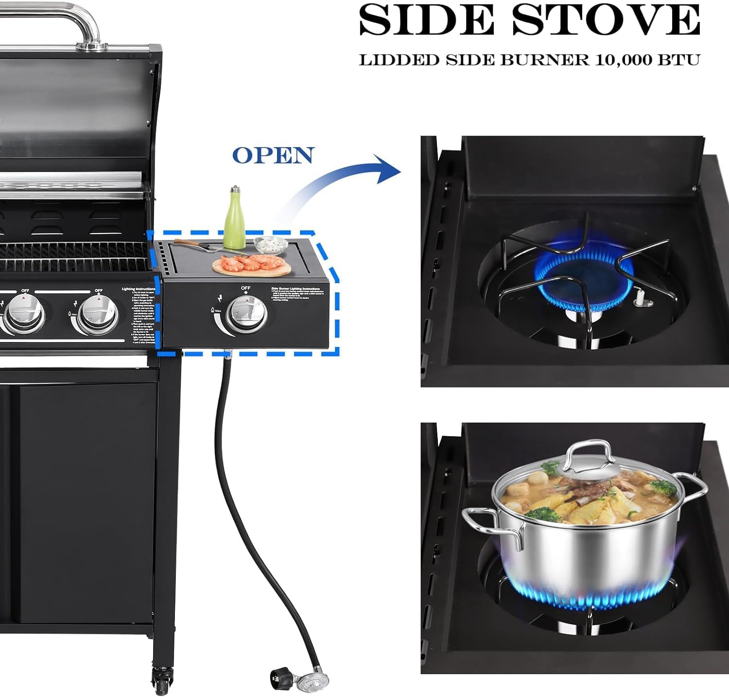 MAGIC UNION 4-Burner Propane Gas BBQ Grill with Side Burner, Cast Iron, Stainless Steel Grates P162
