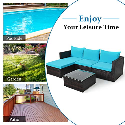 Tangkula 5 Piece Outdoor Patio Furniture Set, Wicker Sectional Sofa with Glass Top Coffee Table, Turquoise H613244