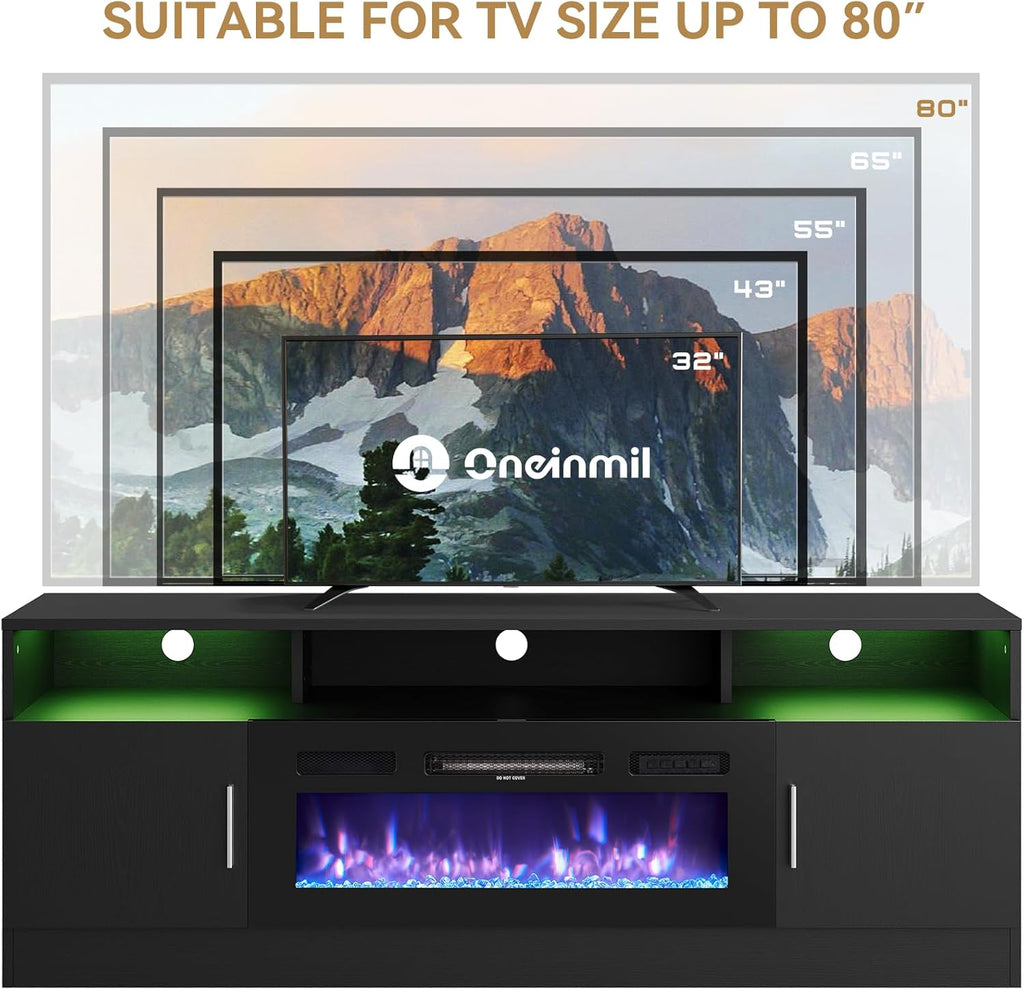 oneinmil Fireplace TV Stand with 36" Electric Fireplace, Fits TVs Up to 80", Black Q703