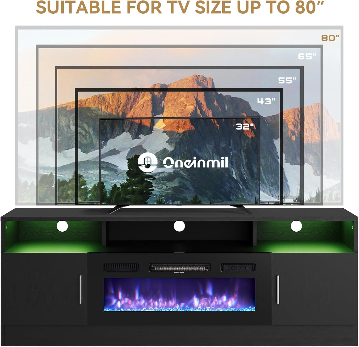 oneinmil Fireplace TV Stand with 36" Electric Fireplace, Fits TVs Up to 80", Black Q703