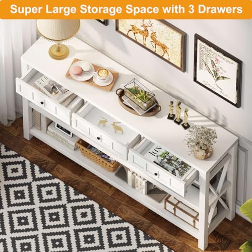 FATORRI Industrial Console Table with Shelf and 3 Drawers, Walnut Brown B286