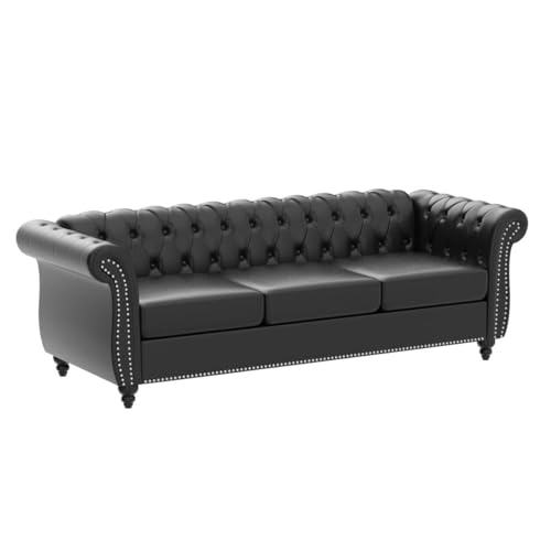 Chesterfield Leather Sofa 84" Tufted 3 Seater with Rolled Arms, Dark Brown F8129
