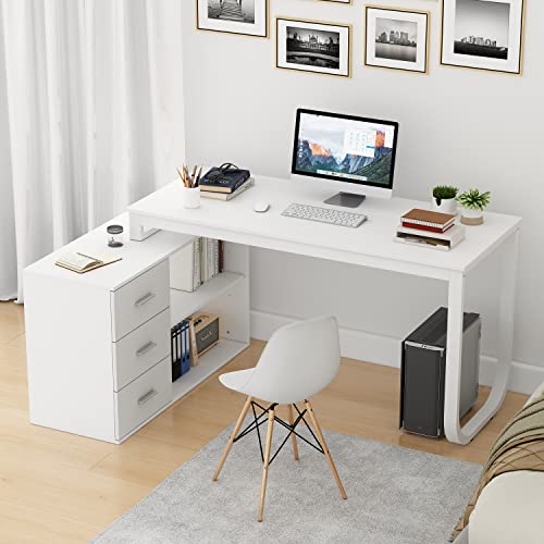 FAMAPY 55.1" L-Shaped Desk with Drawers and Shelves, White C890711