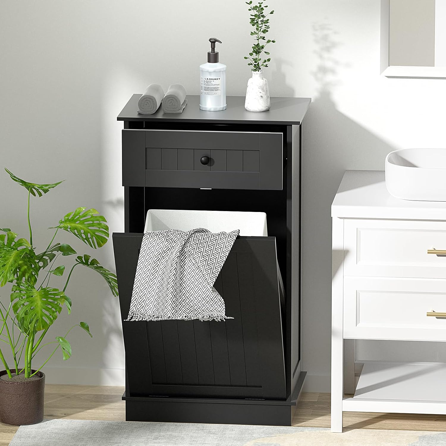 Tilt Out Trash Bin Cabinet 10 Gallons Wooden Black M8159
