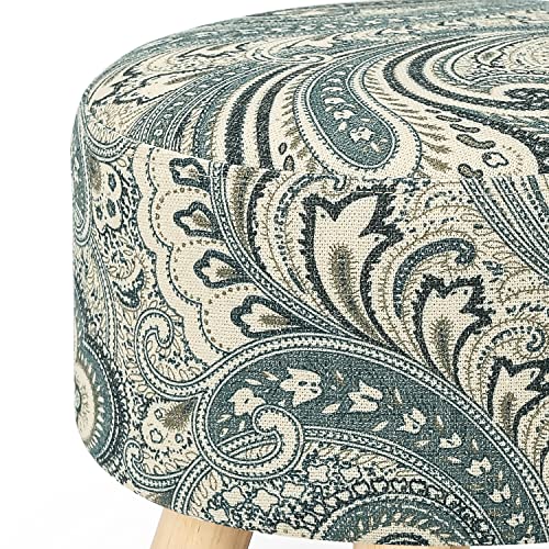 Asense Small Round Ottoman Foot Rest Stool with Wooden Legs, White and Black Linen Q8735
