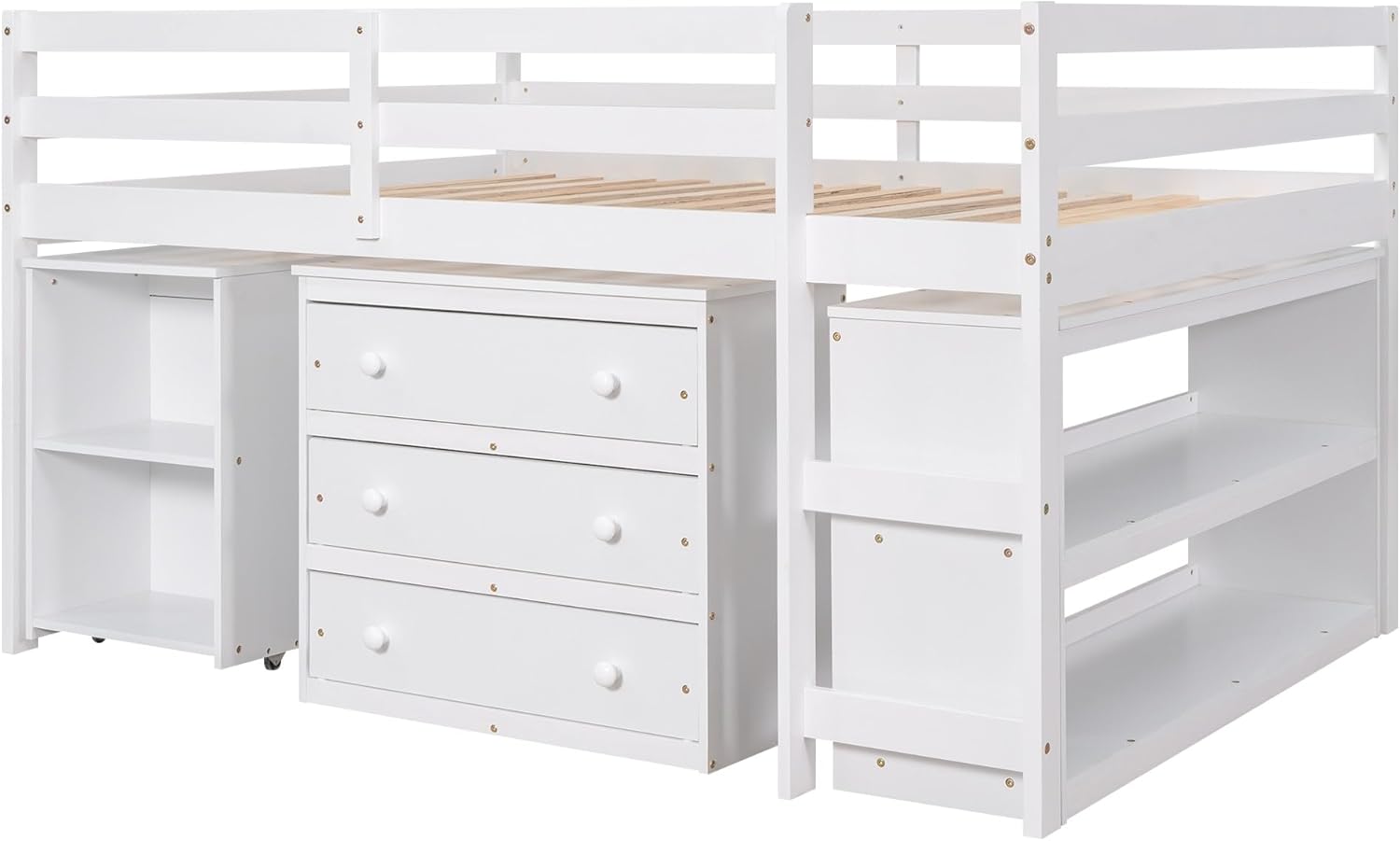 Low Loft Bed with Cabinet Shelves and Rolling Desk White O11972