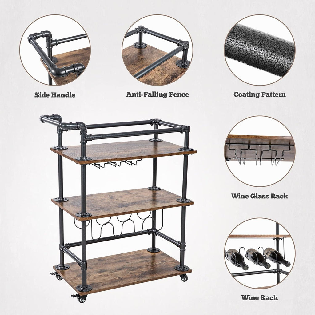 AA Products Inc. 3-Tier Industrial Bar Cart with Wheels and Wine Rack C3454