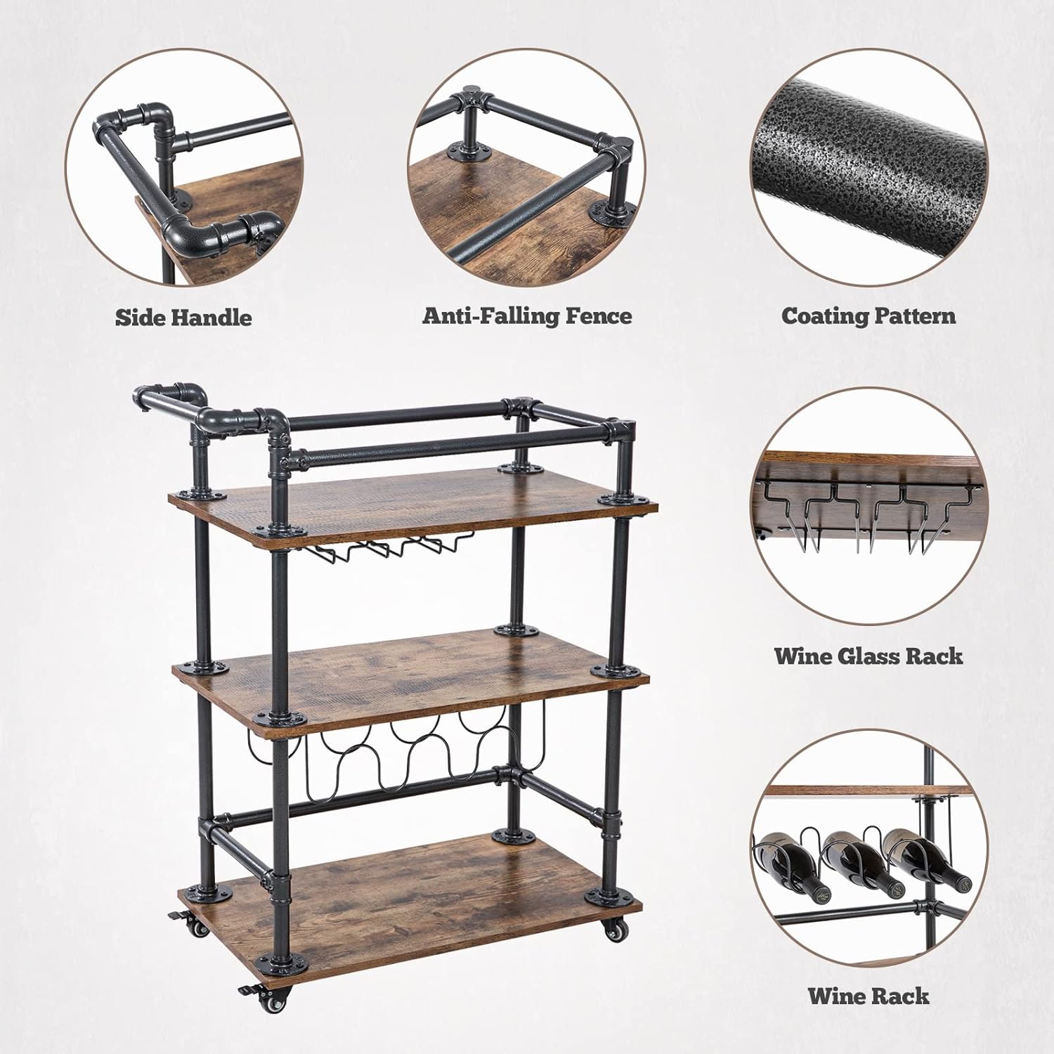AA Products Inc. 3-Tier Industrial Bar Cart with Wheels and Wine Rack C3454