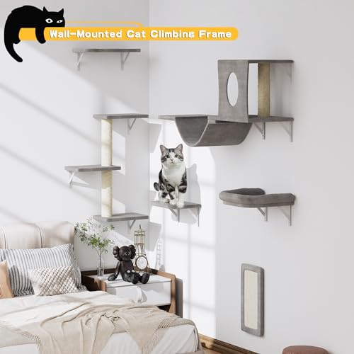 Wall Mounted Cat Furniture 6pc Set with Cat House, Bridge, Steps and Scratcher - Grey M97375