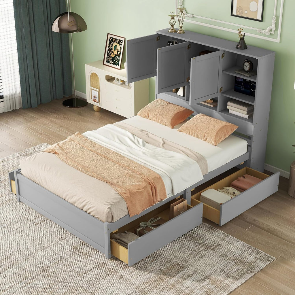 Queen Size Wooden Platform Bed Frame with Storage Headboard, Gray H629094