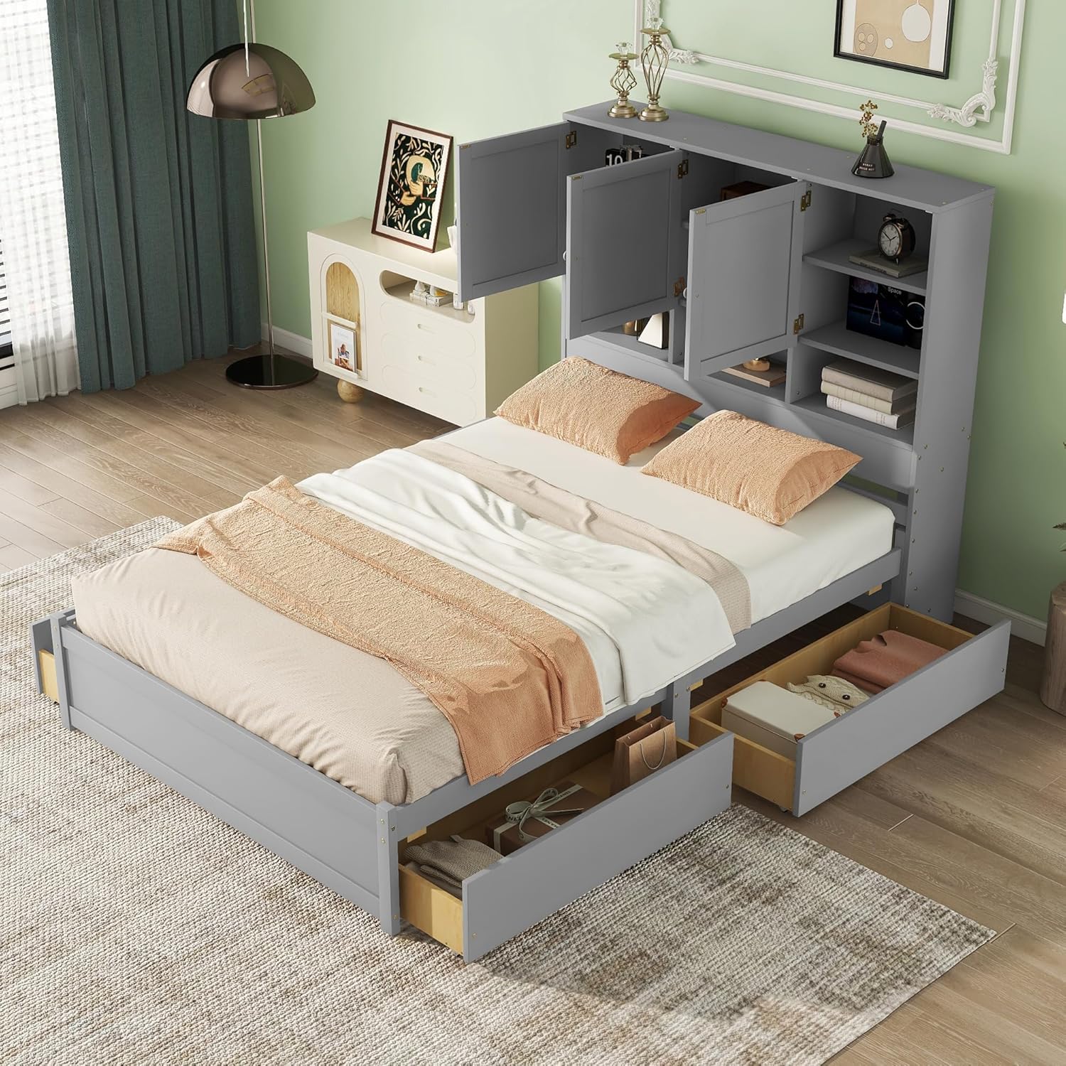 Queen Size Wooden Platform Bed Frame with Storage Headboard, Gray H629094