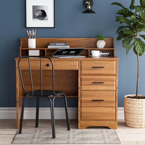 4 EVER WINNER Computer Desk with Storage Drawers and Hutch, 44 Inch White W8153