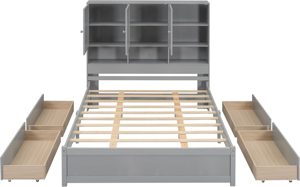 Queen Size Wooden Platform Bed Frame with Storage Headboard, Gray H629094