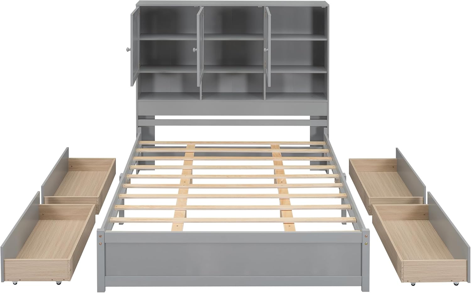 Queen Size Wooden Platform Bed Frame with Storage Headboard, Gray H629094