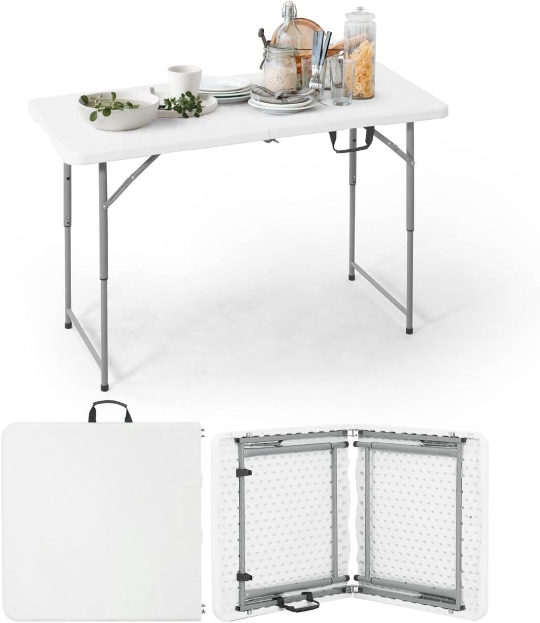 CAPHAUS 47.2 in Folding Table, Utility Craft Table w/Carrying Handle, Heavy Duty Portable Fold Up Table, Outdoor and Indoor, Adjustable Height Plastic Table for Camping, Picnic, Office, Home, White