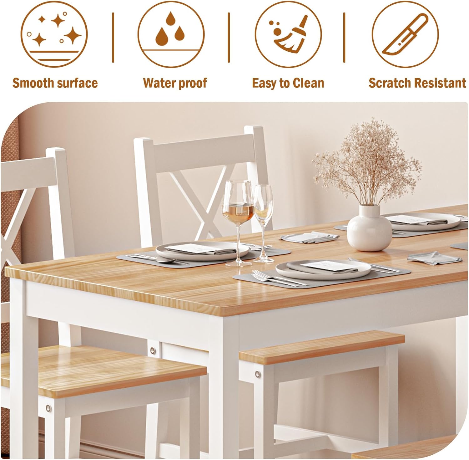 sogesfurniture 5-Piece Wood Kitchen Dining Table Set with 4 Chairs, White & Oak R84579