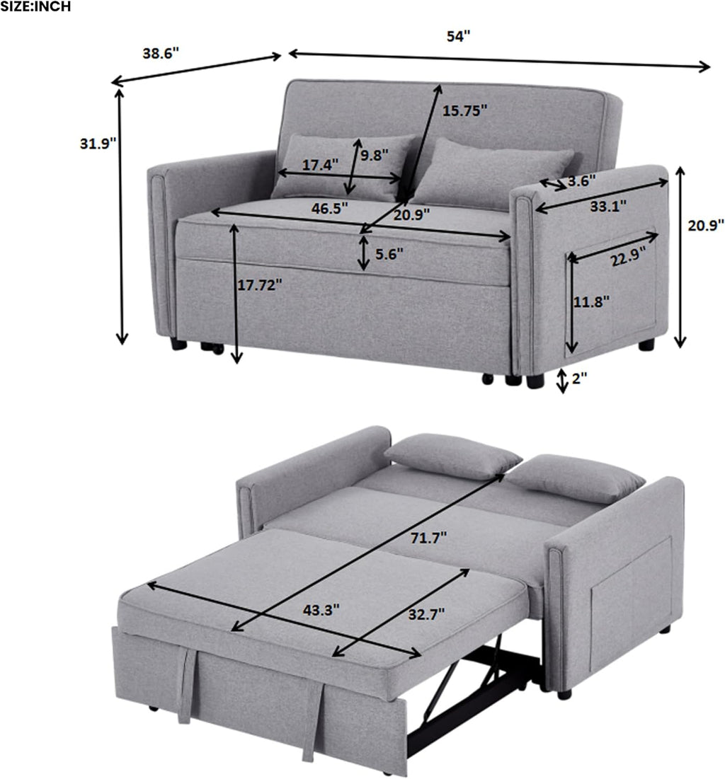 Modern 54" Pull Out Sleep Sofa Bed with Adjustable Backrest and 2 Lumbar Pillows C34954