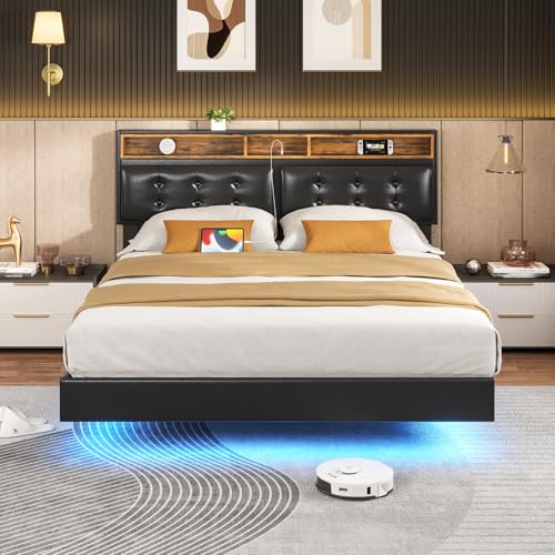 Hasuit California King Floating Bed Frame with LED Lights and Charging Station, Faux Leather Black Z6705