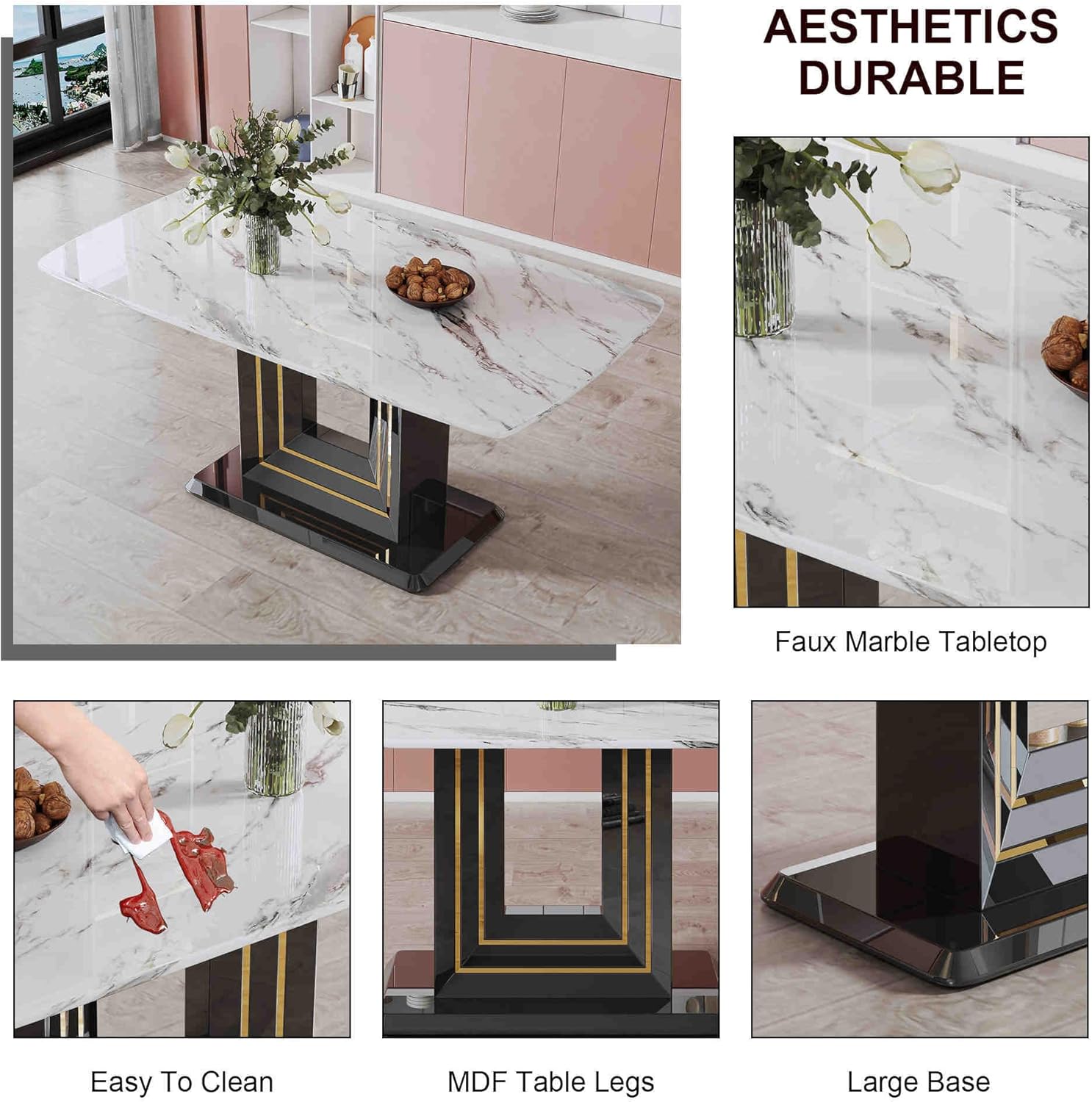 7-Piece Dining Table Set with 6 Soft Chairs, Faux Marble Top G7186