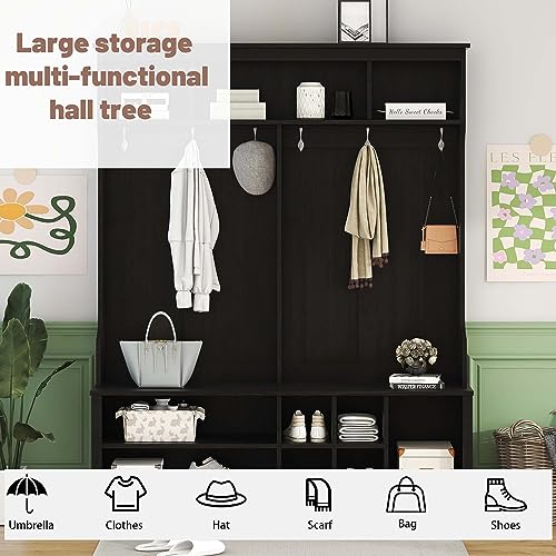 Hall Tree with Storage Bench, 60 Inch Wooden Mudroom Bench Q2403