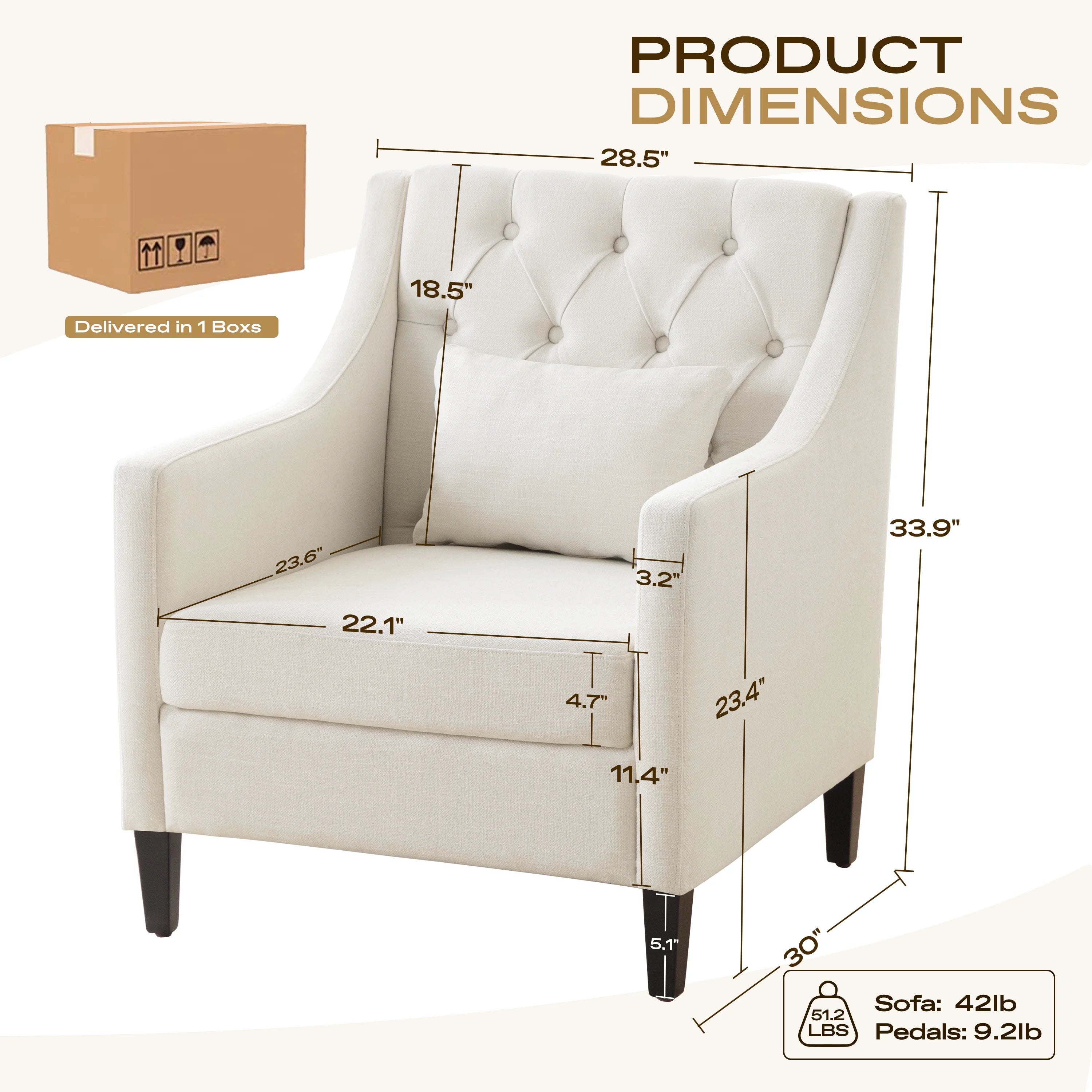 HUIMO Mid Century Modern Accent Chair, Upholstered Fabric Armchair with Wood Frame (Beige) C438319